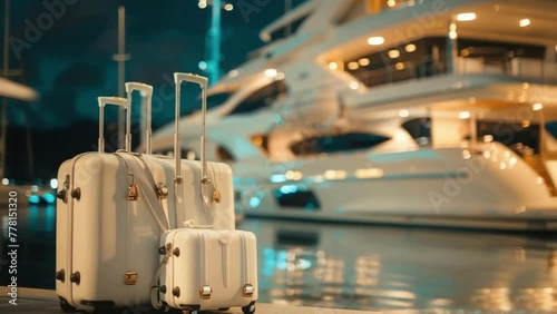 Luxury white bag or suitcase standing in port. The yacht or cruise ship liner in background. Cruise vacation travel on ocean liner. Luxury travel concept.