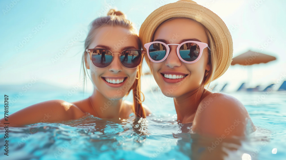 Two joyful friends with stylish sunglasses enjoying a relaxing day at the pool, embodying summer fun and friendship.