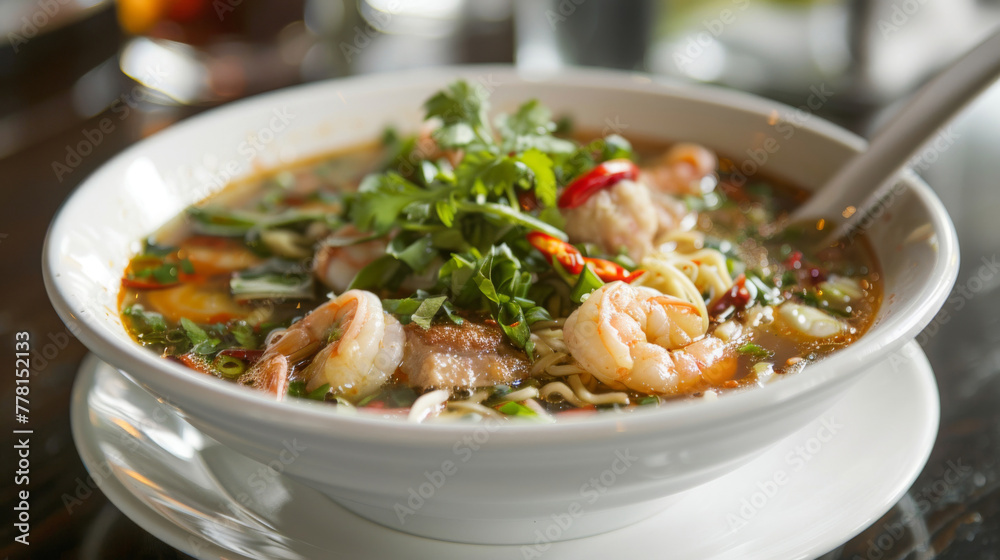 Traditional vietnamese seafood pho noodle soup