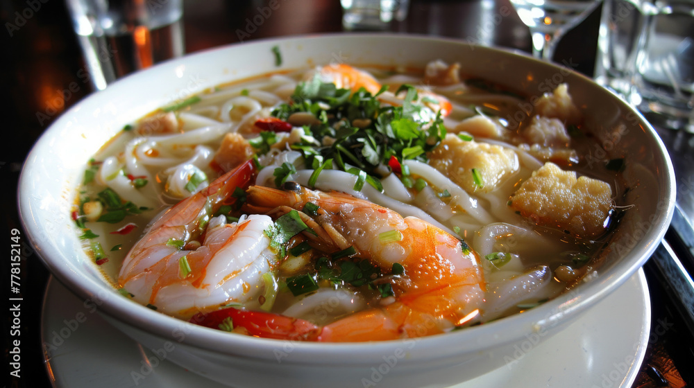 Traditional vietnamese shrimp pho bowl