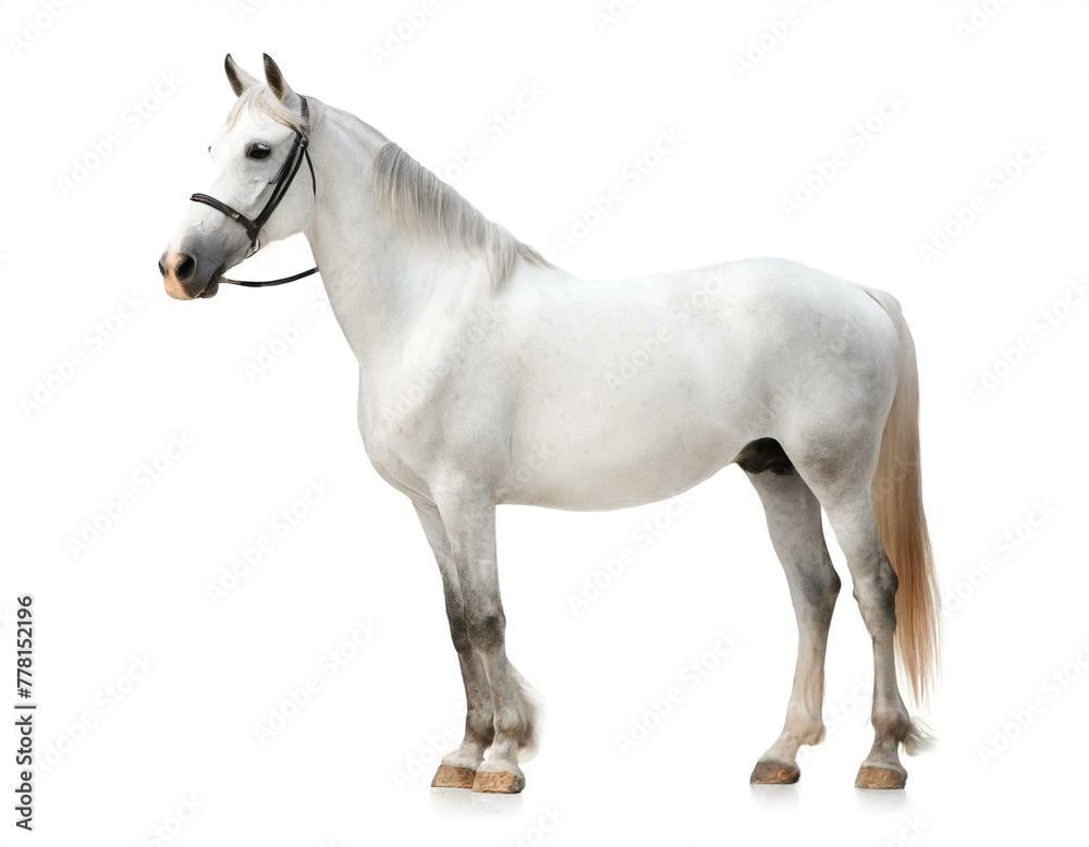Weißes Pferd auf vier beinen isoliert auf weißen Hintergrund, Freisteller 