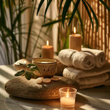 Zen Spa Concept with Towels, Candles, and Plant on Marble Surface
