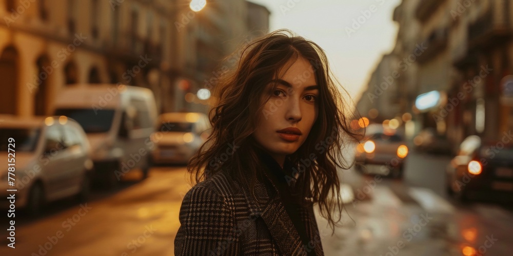 A fashionable woman stands on the sidewalk of a city street, possibly enjoying the sunset or waiting for someone