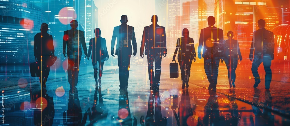 Naklejka premium Back view group of business people executive standing in modern big city looking and dreaming of future business success business mission ambition and vision concept