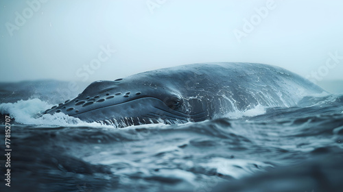 An awe-inspiring moment captured as a blue whale emerges from beneath the waves, water cascading off its massive body, with a softly blurred seascape in the background.