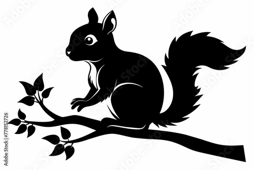 Baby squirrel sitting on a tree branch silhouette black vector illustration