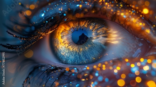 a close up of a person's blue eye with yellow and blue sparkles on it's iris.