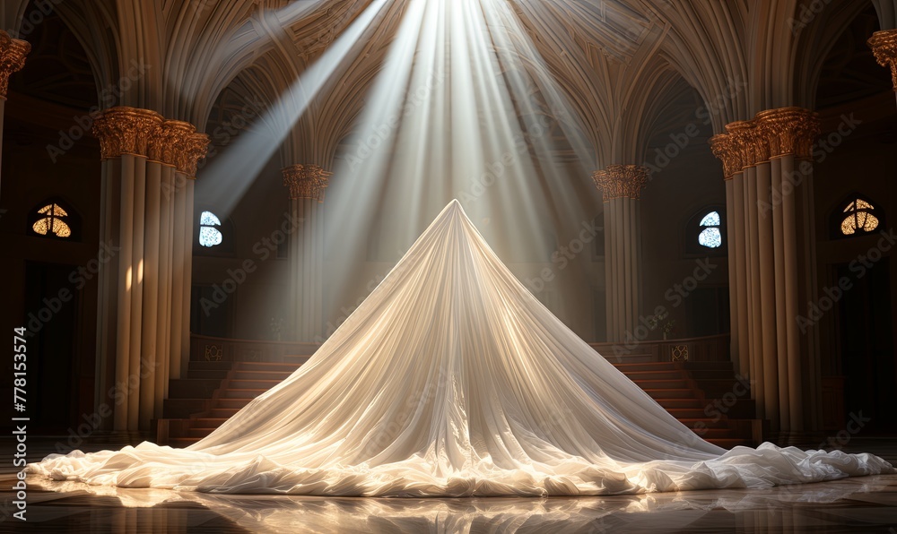 Wedding Dress Draped in Cathedral - obrazy, fototapety, plakaty 