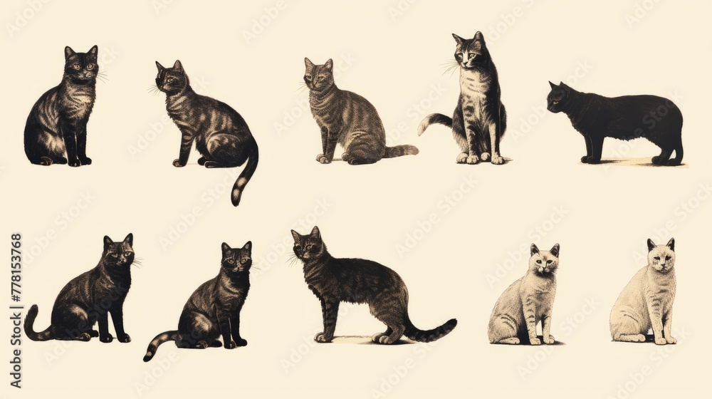 Vintage style cat clip art in sepia tones