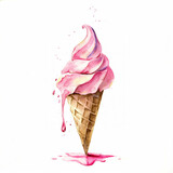 A hand-drawn illustration of an ice cream cone with soft pastel colors. The cone is depicted with delicate lines and the ice cream scoops are swirled with shades of pink