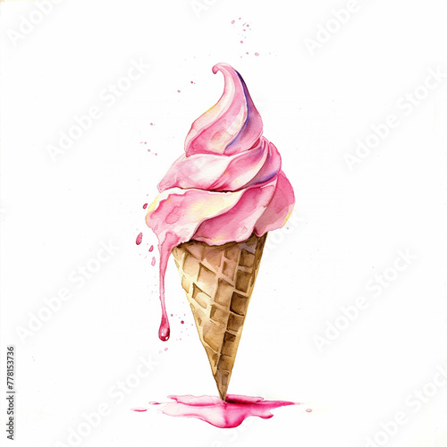 A hand-drawn illustration of an ice cream cone with soft pastel colors. The cone is depicted with delicate lines and the ice cream scoops are swirled with shades of pink