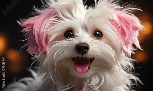 White Dog With Pink Hair on Black Background