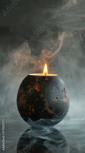 candle in a black egg shell with fog.