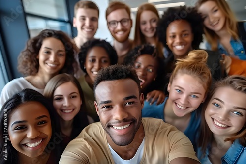 Multicultural happy people taking group selfie portrait in the office, diverse people celebrating together, Happy lifestyle and teamwork concept. For Design, Background, Cover, Poster, Banner, PPT, KV