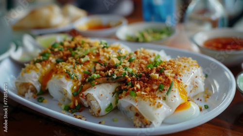 Authentic vietnamese banh cuon with dipping sauce