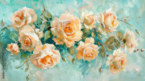  Peach Roses Whimsy  Impressionist-style painting of peach roses blooming  their colors vibrant against a textured turquoise backdrop  embodying a dreamy  artistic charm.