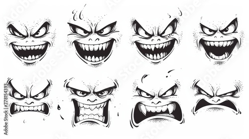 a set of cartoon angry faces with different expressions and expressions  all in black and white  on a white background.