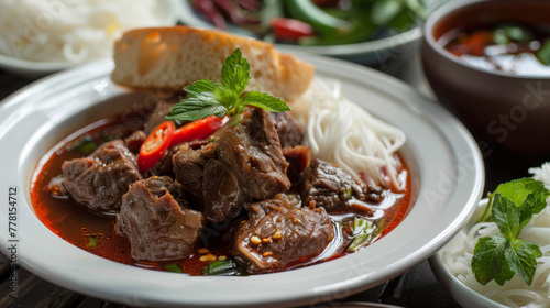 Traditional vietnamese beef stew with herbs and noodles