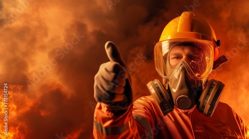 Heroic Firefighter Poses with Thumbs Up in Blazing Inferno