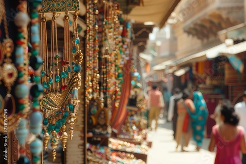 The jewelry store boasts necklaces woven with gold thread. Decorated with precious gems that catch the sunlight and reflect different colors of light.