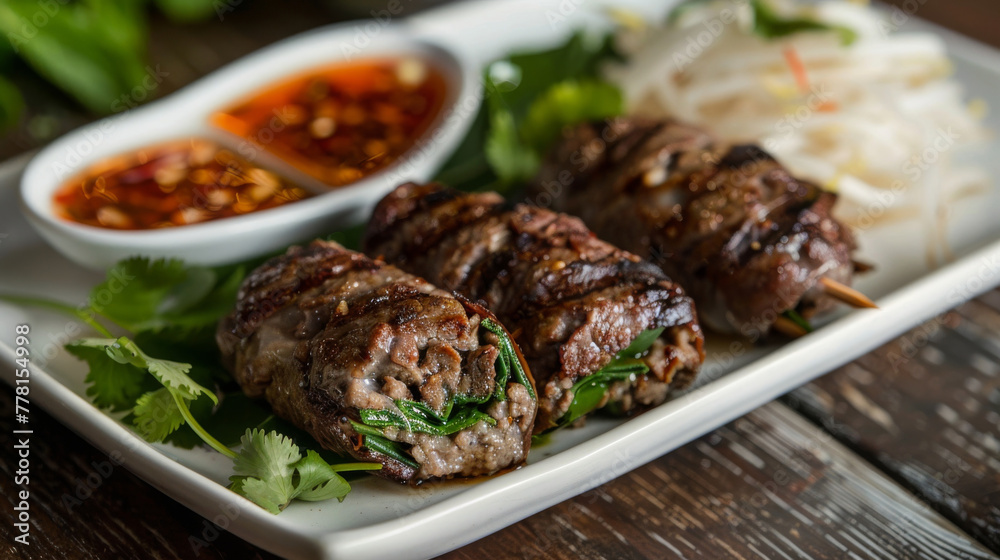 Vietnamese grilled beef rolls with accompaniments Vietnamese grilled beef rolls with accompaniments