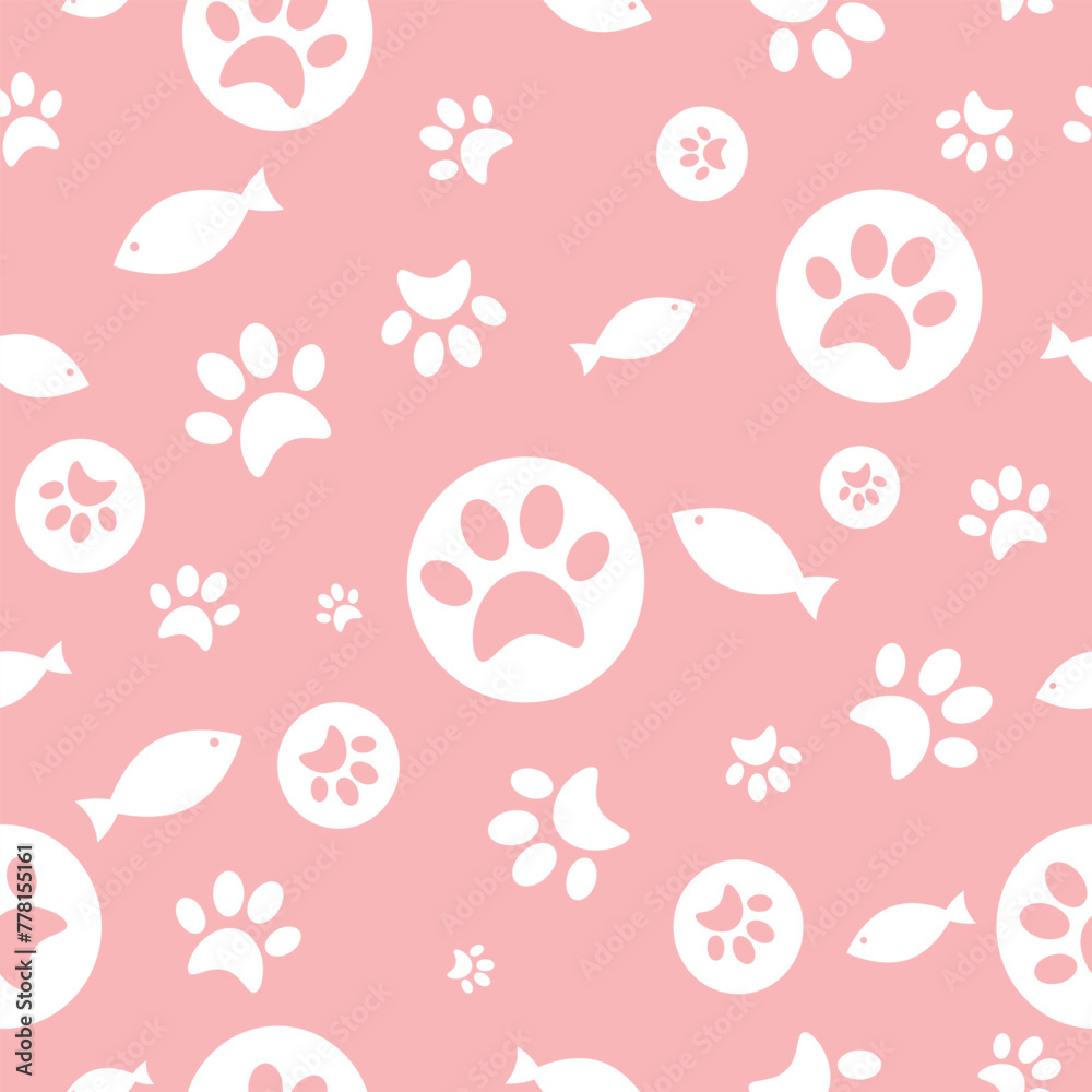 Silhouette cats paws and fish texture with footprints. Cat paw seamless ...