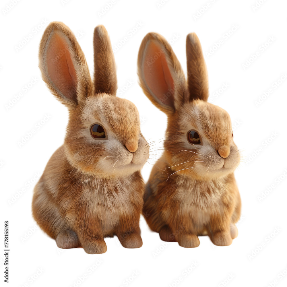 Two brown rabbits seated beside each other on a Transparent Background