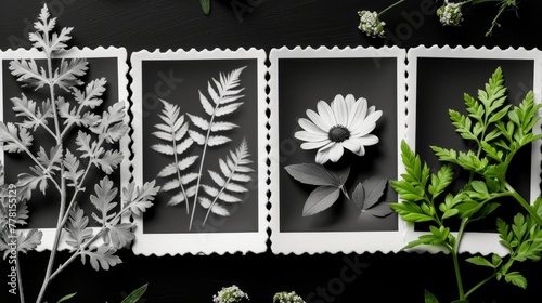 a black and white photo of flowers, leaves, and stamps on a black background with a white border around them.