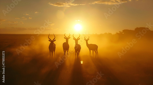 Elegant antelopes silhouetted against the setting sun, casting long shadows on the dusty African horizon photo