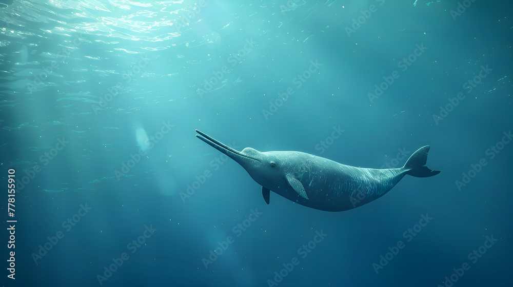 Fototapeta premium Enchanting narwhal swimming in a vast blue ocean, its horn glistening under the sunlight, while the distant shoreline fades into a dreamy blur