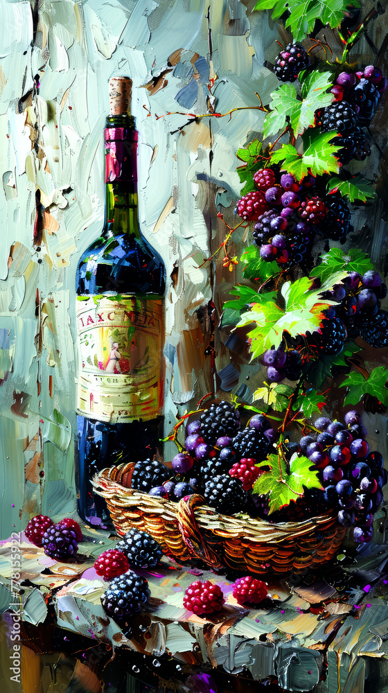 Still life with bottle of red wine, grapes and basket with blackberries. Oil painting.