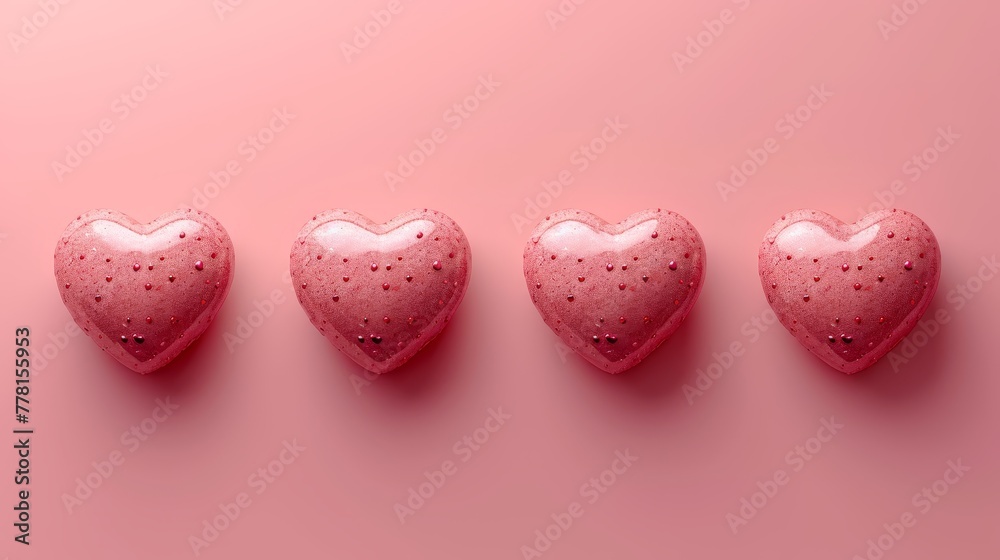 five heart shaped candies lined up in a row on a pink background with drops of water on top of them.