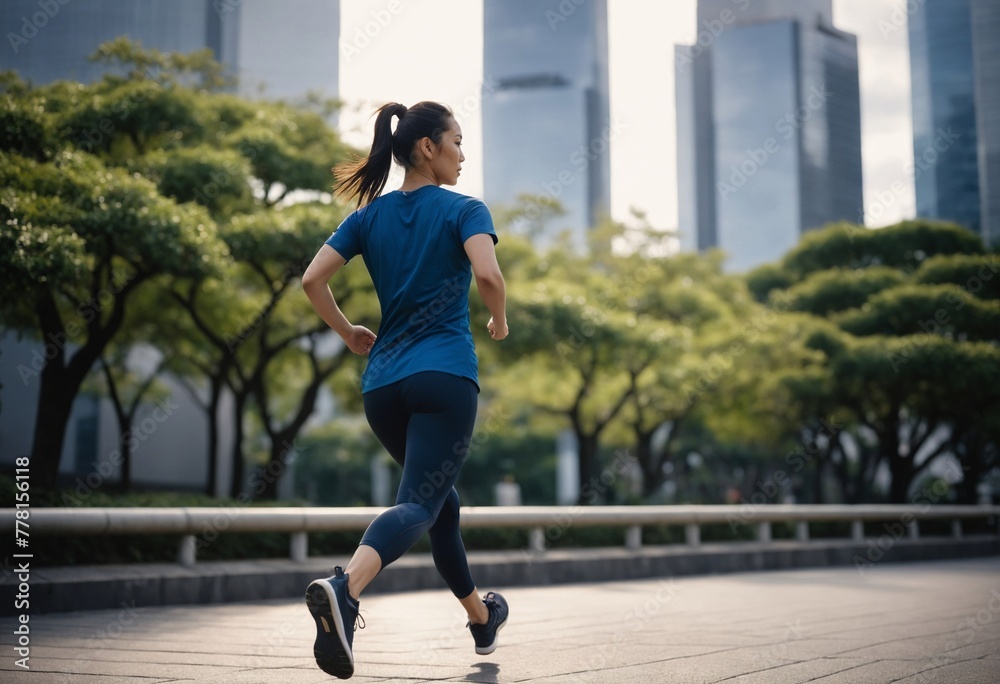 Japanese woman in her 30s enjoying a morning run in a vibrant city, Capturing the determination of an Asian runner in motion wearing sports clothes
