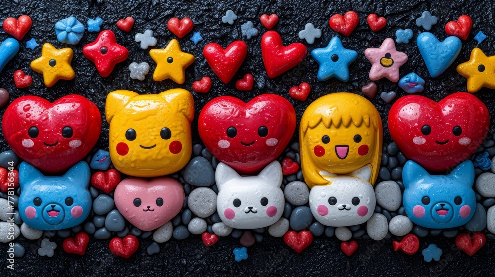 a group of heart shaped candies sitting next to each other on a black surface with hearts and stars around them. a group of heart shaped candies sitting next to each other on a black surface with hearts and stars around them.