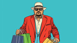 Vector pop art pretty fat man with shopping bags. Obe