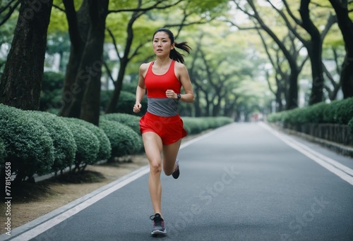 Japanese woman in her 30s enjoying a morning run in a vibrant city, Capturing the determination of an Asian runner in motion wearing sports clothes