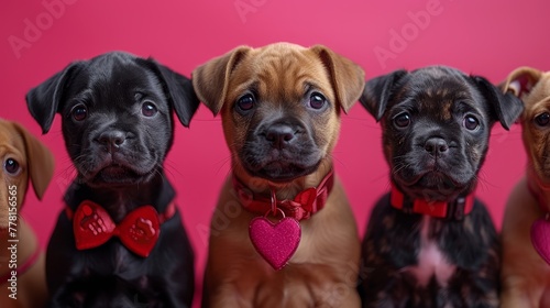 a group of puppies sitting next to each other in front of a pink background with hearts on their collars.