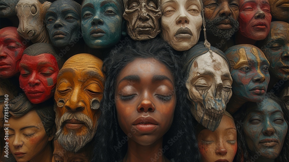 a woman standing in front of a group of different colored masks on her face and face, with her eyes closed.