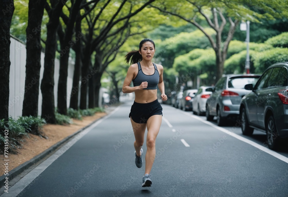 Japanese woman in her 30s enjoying a morning run in a vibrant city, Capturing the determination of an Asian runner in motion wearing sports clothes Japanese woman in her 30s enjoying a morning run in a vibrant city, Capturing the determination of an Asian runner in motion wearing sports clothes