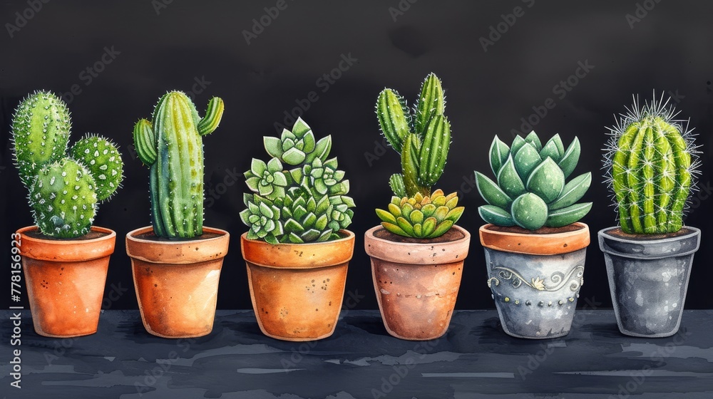 a painting of a row of cacti and succulents in clay pots on a black background. a painting of a row of cacti and succulents in clay pots on a black background.