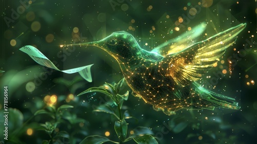 A scene depicting a glowing, ethereal bird composed of digital pixels
