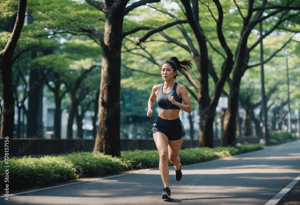 Japanese woman in her 30s enjoying a morning run in a vibrant city, Capturing the determination of an Asian runner in motion wearing sports clothes Japanese woman in her 30s enjoying a morning run in a vibrant city, Capturing the determination of an Asian runner in motion wearing sports clothes