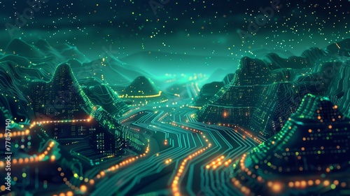 A circuit board landscape  with rivers of data flowing between microchip mountains under a sky