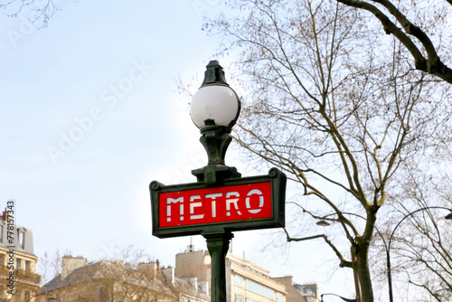 Antique subway sign at the entrance to the Paris Metro. Paris, France