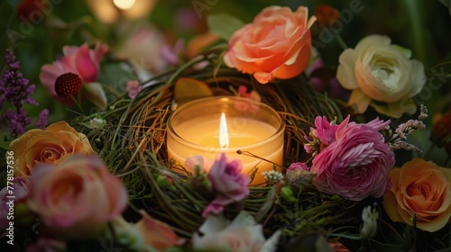 candle in a nest with flowers.