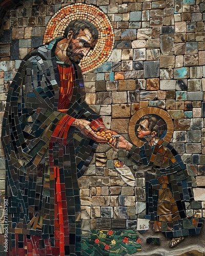 Saint Vincent de Pauls dedication to serving the poor is celebrated in a contemporary mosaic, depicting acts of charity and kindness, 8K