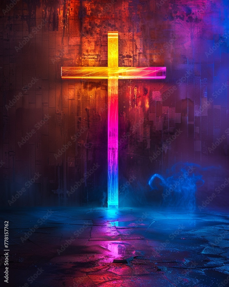 A luminous cross, bathed in a rainbow of colors, represents the promise ...