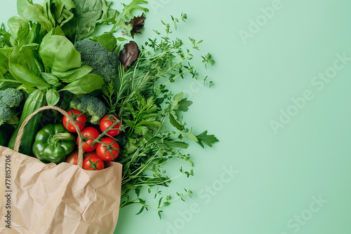 Fresh food is poured out from an ecological paper bag on a green background. Concept of nutrition and healthy lifestyle. Ideal for food blogs. AI