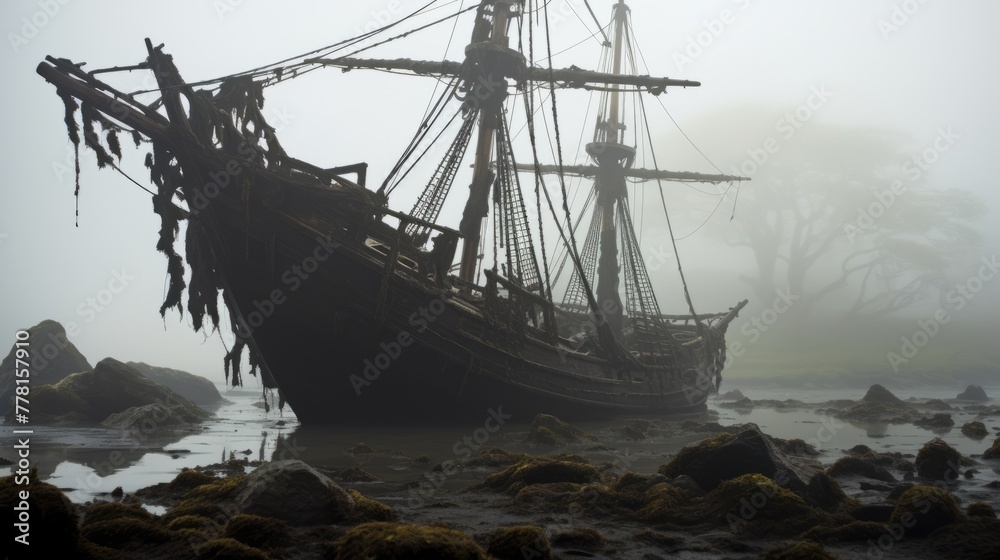 Obraz premium An eerie, haunted shipwreck on a foggy sea