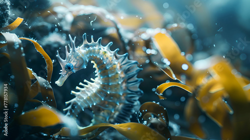 Intricate seahorse nestled among gently swaying seaweed, with soft focus highlighting its intricate details